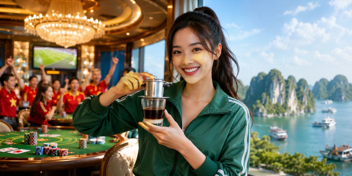Người chơi tại vùng biển Hạ Long thư giãn xem thông tin khuyến mãi trên điện thoại bên tách cà phê